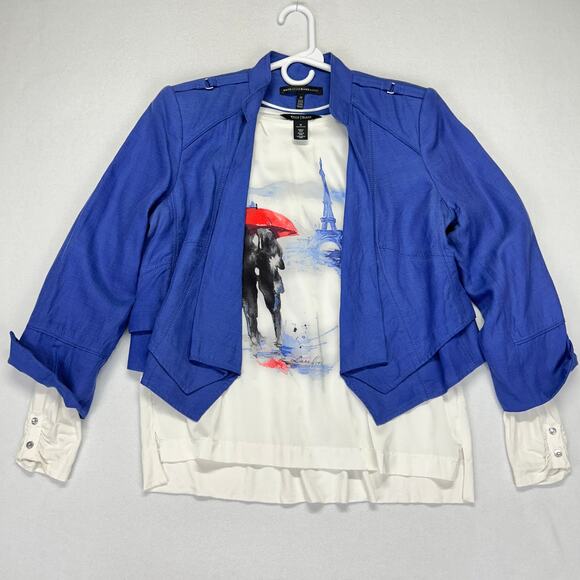 Lot of 2 WHBM TOP Artsy Paris White + BOLERO BLAZER Linen Blend Blue 3/4 Sleeve - Picture 2 of 16